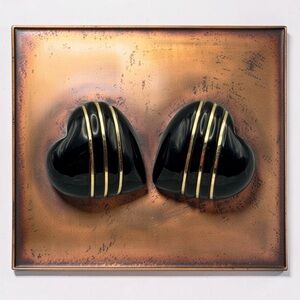 Vintage Onyx Heart Stud Earrings w/14K Solid Gold Inlay Posts & Backs 3/4” 8.15g